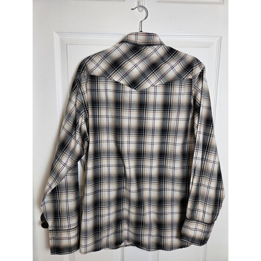 Wrangler Shirt Mens Large Beige Black Plaid Western Snap Pockets Long Sleeve - Picture 6 of 8